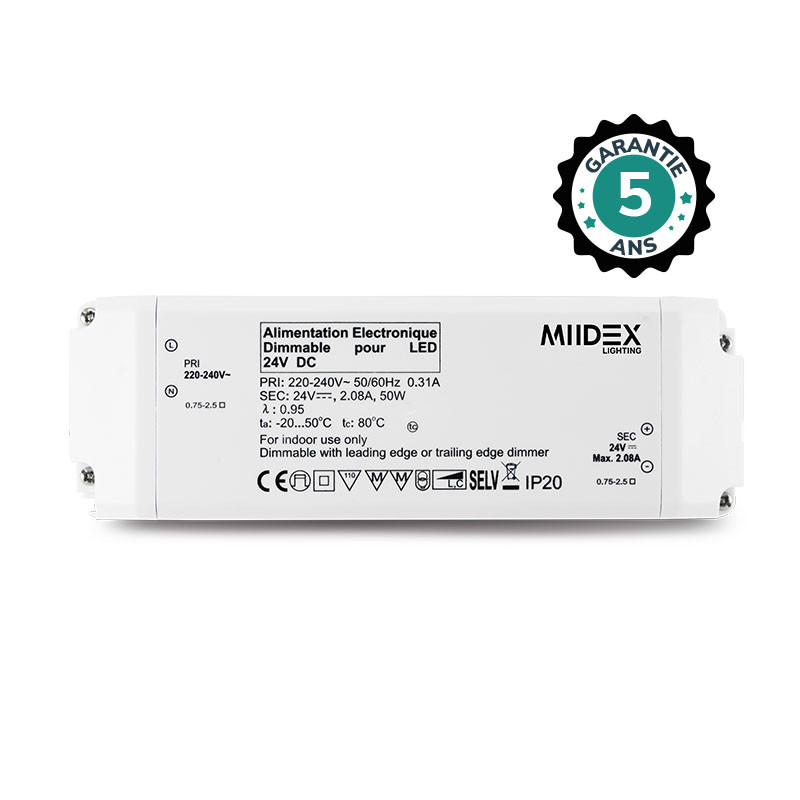 Voeding voor LED 24VDC 50W Dimbaar Faseafsnijding